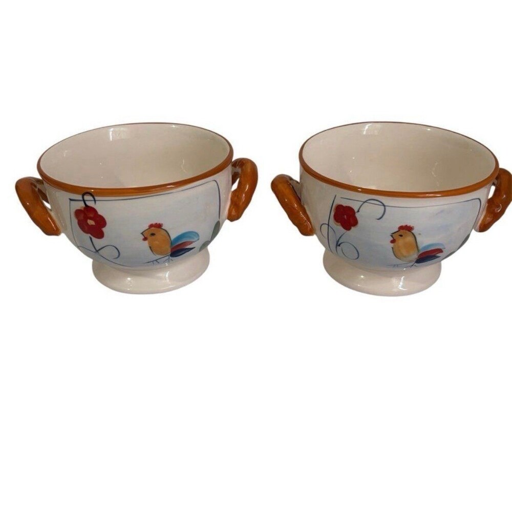 Vintage California Pantry Rooster Soup Bowls Footed Double Handle Set Cream